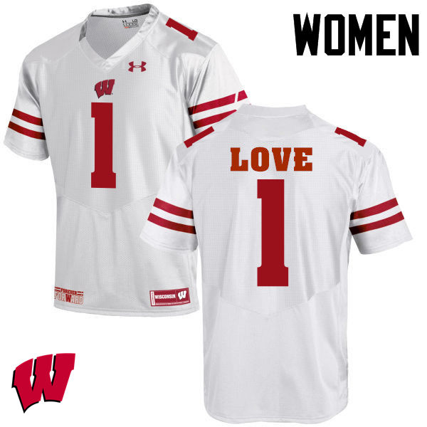 Women Wisconsin Badgers #1 Reggie Love College Football Jerseys-White - Click Image to Close